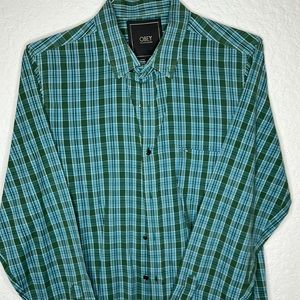 Men’s Obey Propaganda Button Down Shirt | Size L | Green & Blue Check